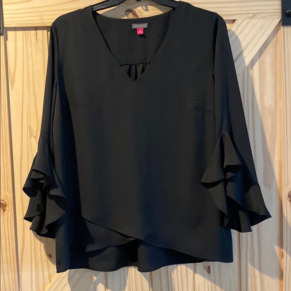 Vince Camuto Black Asymmetrical Ruffled Bell Sleeve Blouse